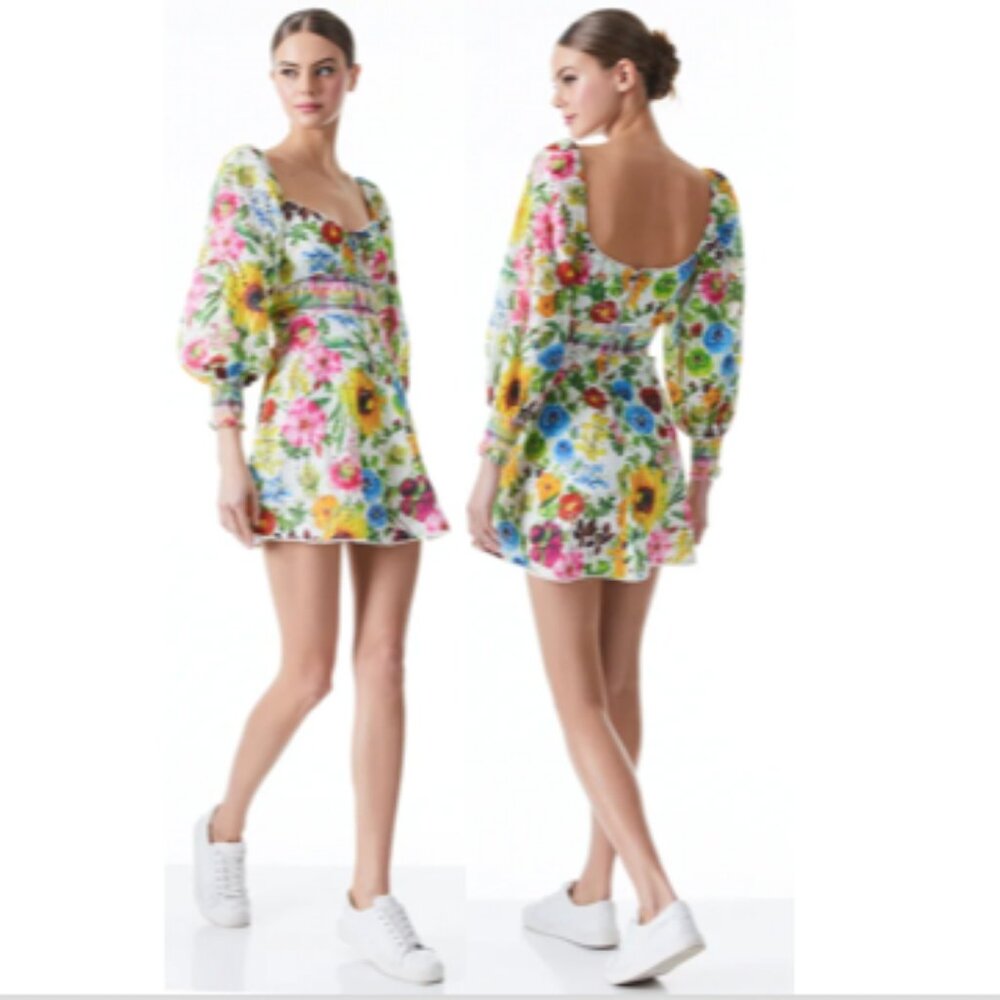 Alice + Olivia White Floral Mini Dress with Multicolor Blooms